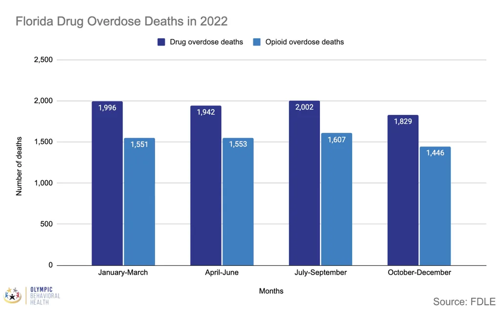Bar chart of 2022 Florida drug and opioid overdose deaths by quarter, peaking at 2,002 drug deaths in July to September