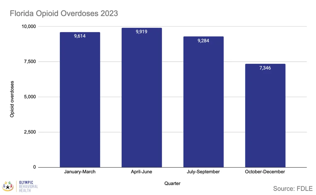 Bar chart of Florida opioid overdoses by quarter in 2023, peaking at 9,919 in April to June and falling to 7,346