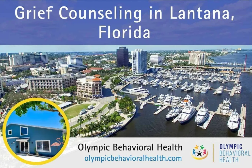 Grief Counseling in Lantana, Florida banner over an aerial view of a downtown marina with facility inset