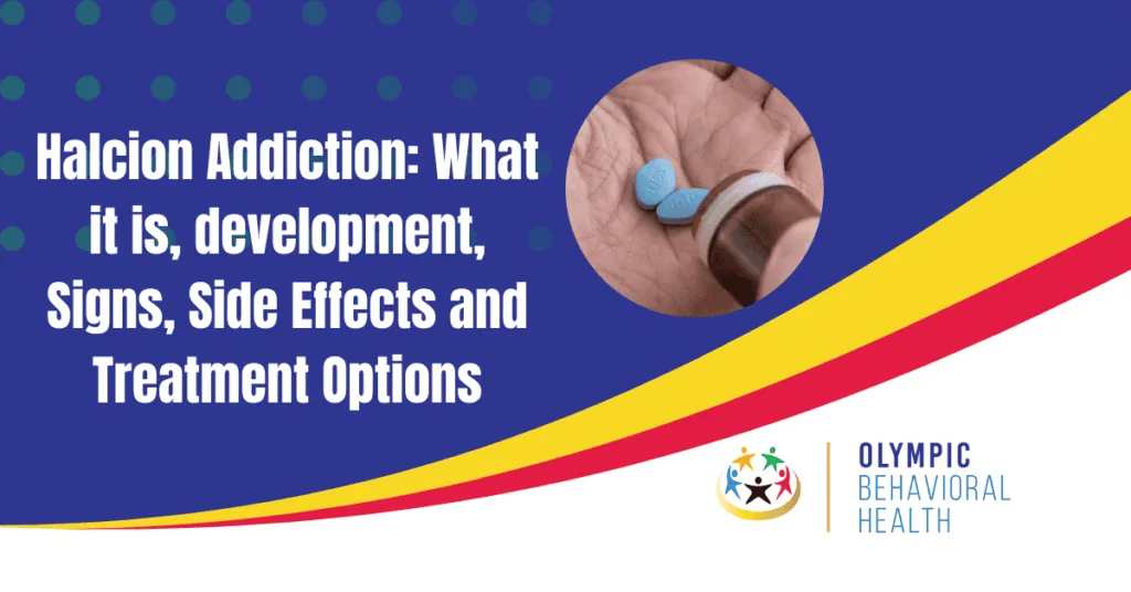 Featured image titled Halcion Addiction: What it is, Signs, Side Effects and Treatment Options with blue pills in a hand