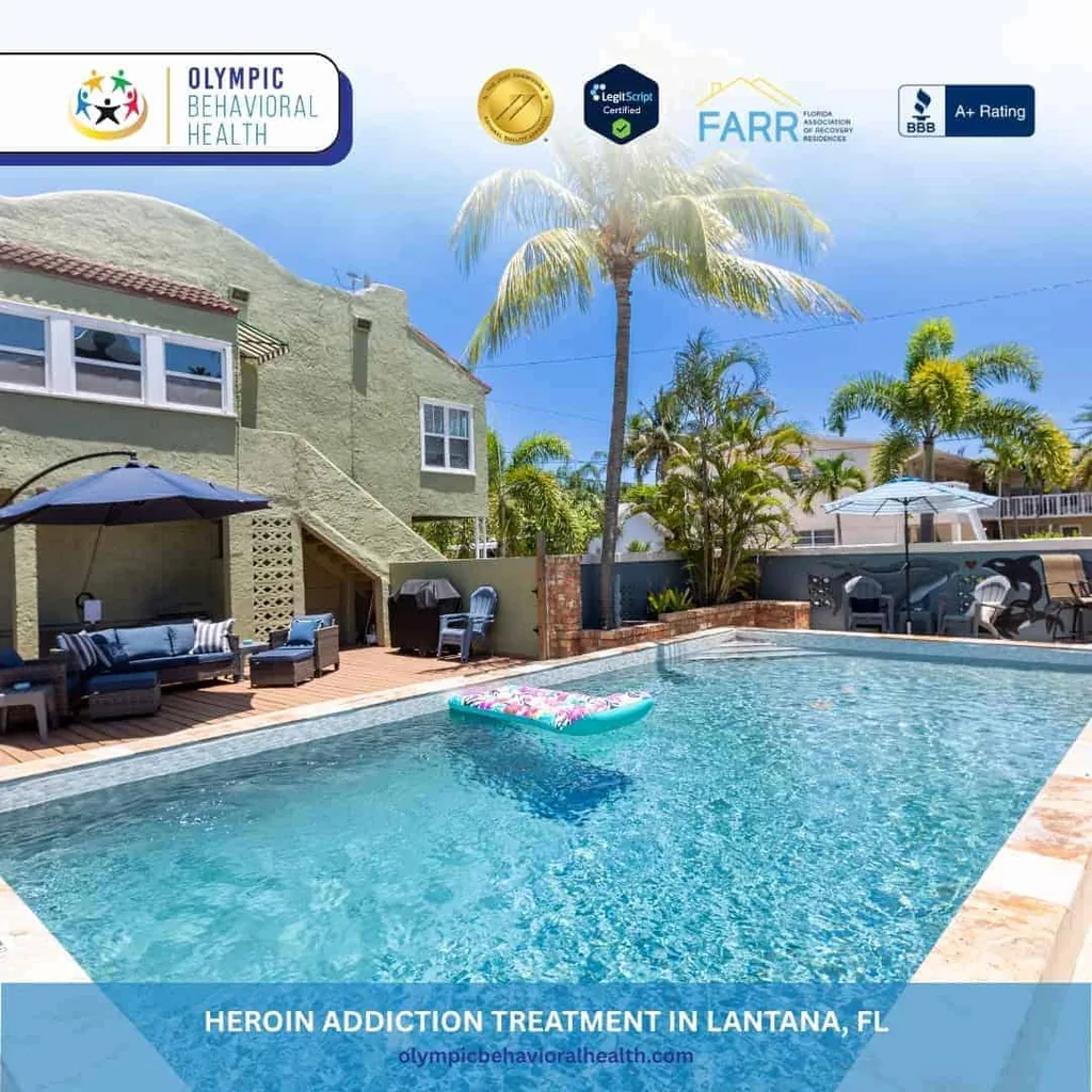 Pool, palms and patio at Olympic Behavioral Health, captioned Heroin Addiction Treatment in Lantana, FL