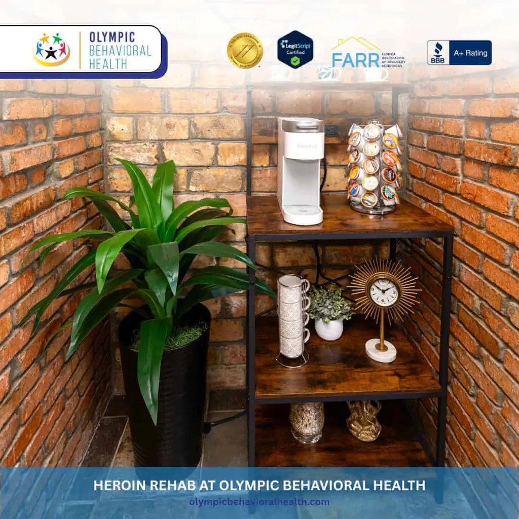 Coffee station with brick wall and plant at Olympic Behavioral Health, captioned Heroin Rehab at Olympic Behavioral Health