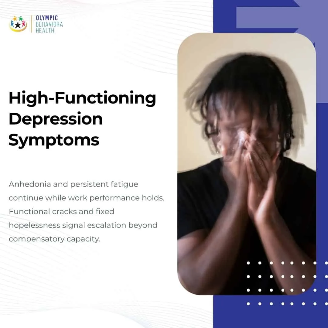 High-Functioning Depression Symptoms graphic: anhedonia and persistent fatigue continue while work performance holds