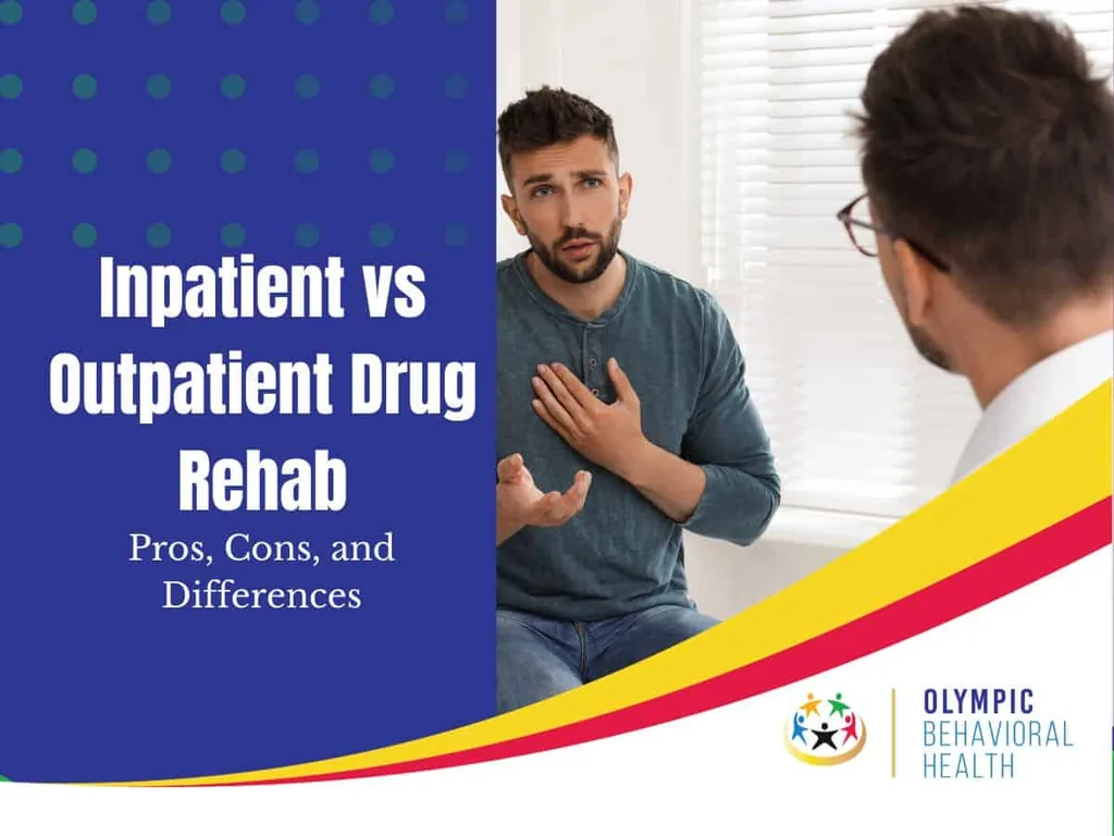 Inpatient vs Outpatient Drug Rehab: Pros, Cons, and Differences title graphic with a man talking to a therapist