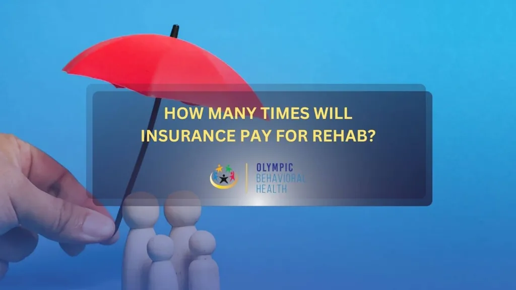 Title banner for How Many Times Will Insurance Pay for Rehab? over a red umbrella sheltering a wooden family figure