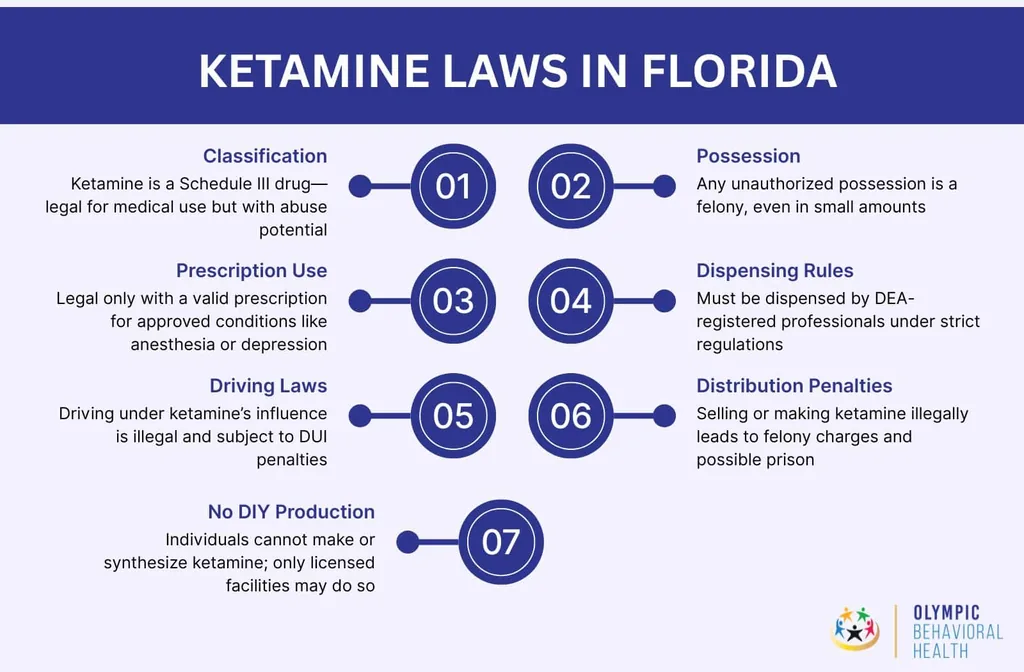 Ketamine Laws in Florida infographic: classification, possession, prescription use, dispensing and DUI rules