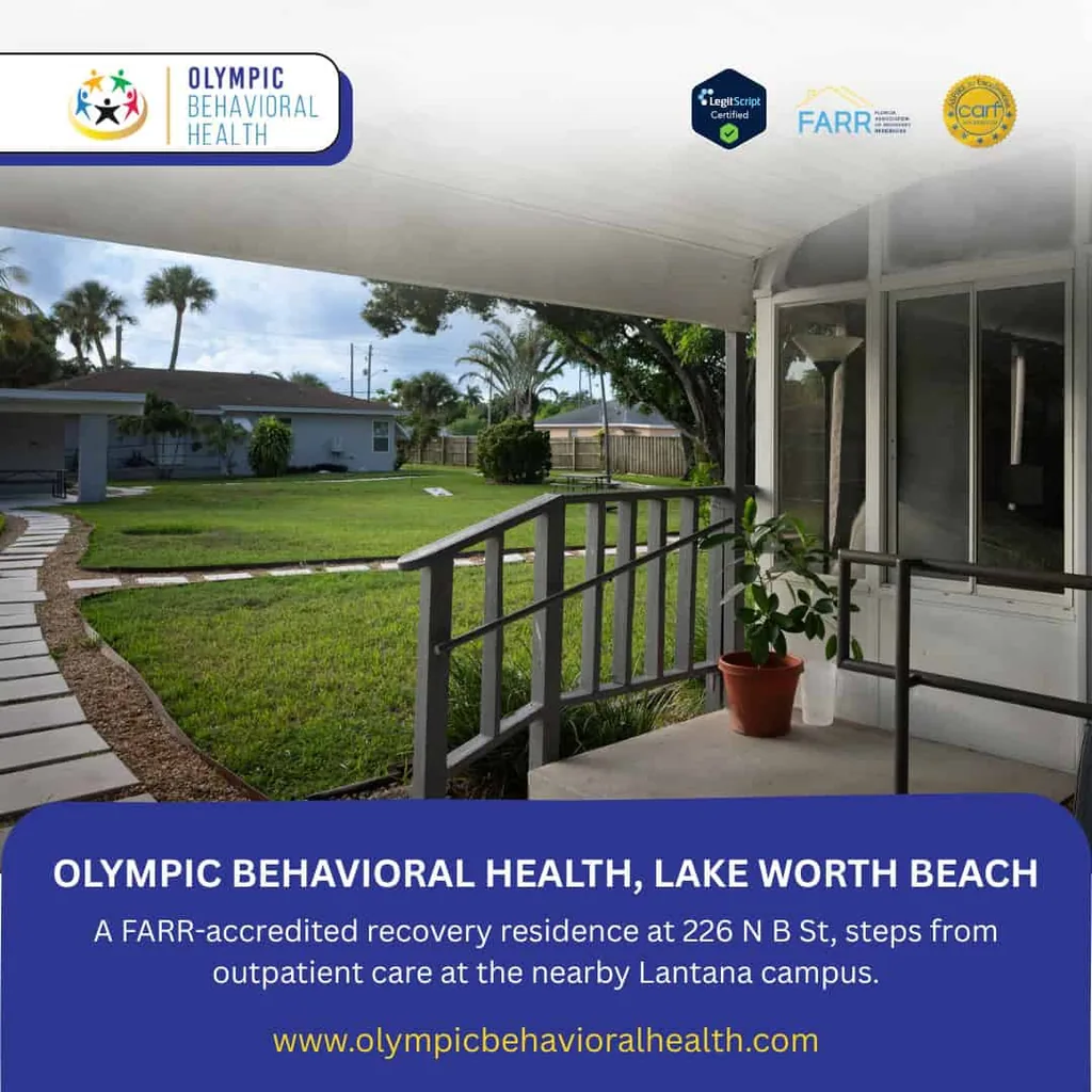 Covered porch of the FARR-accredited Lake Worth Beach recovery residence at 226 N B St, near the Lantana campus