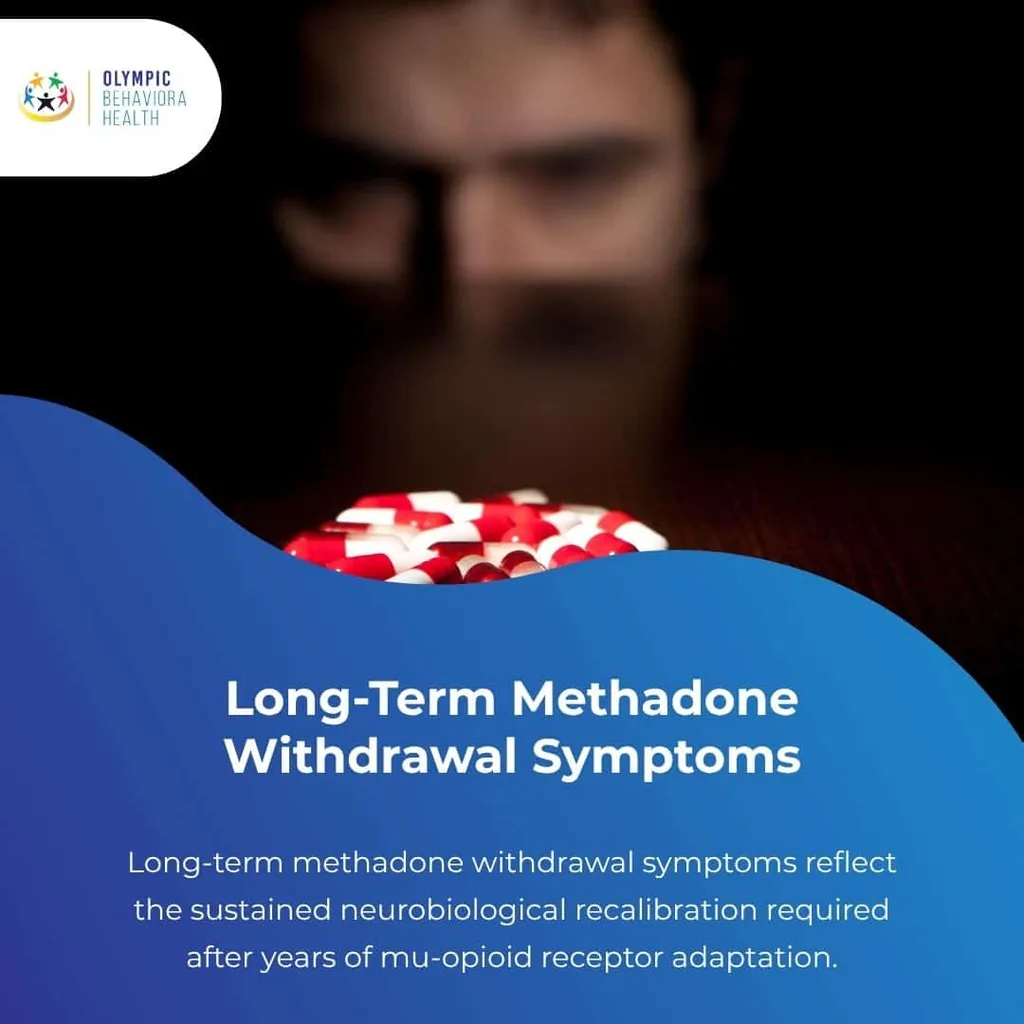 Long-Term Methadone Withdrawal Symptoms graphic over a blurred man behind red and white capsules