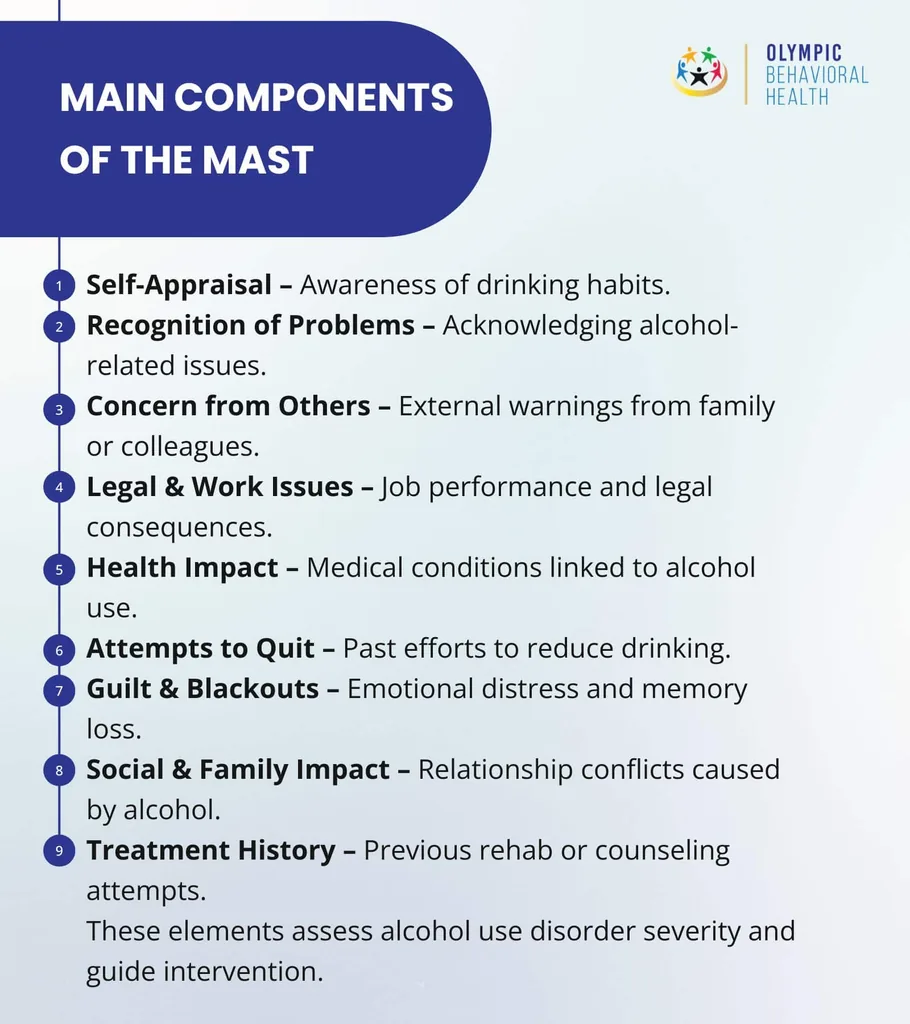 Main components of the MAST, including self-appraisal, concern from others, blackouts, health impact and treatment history
