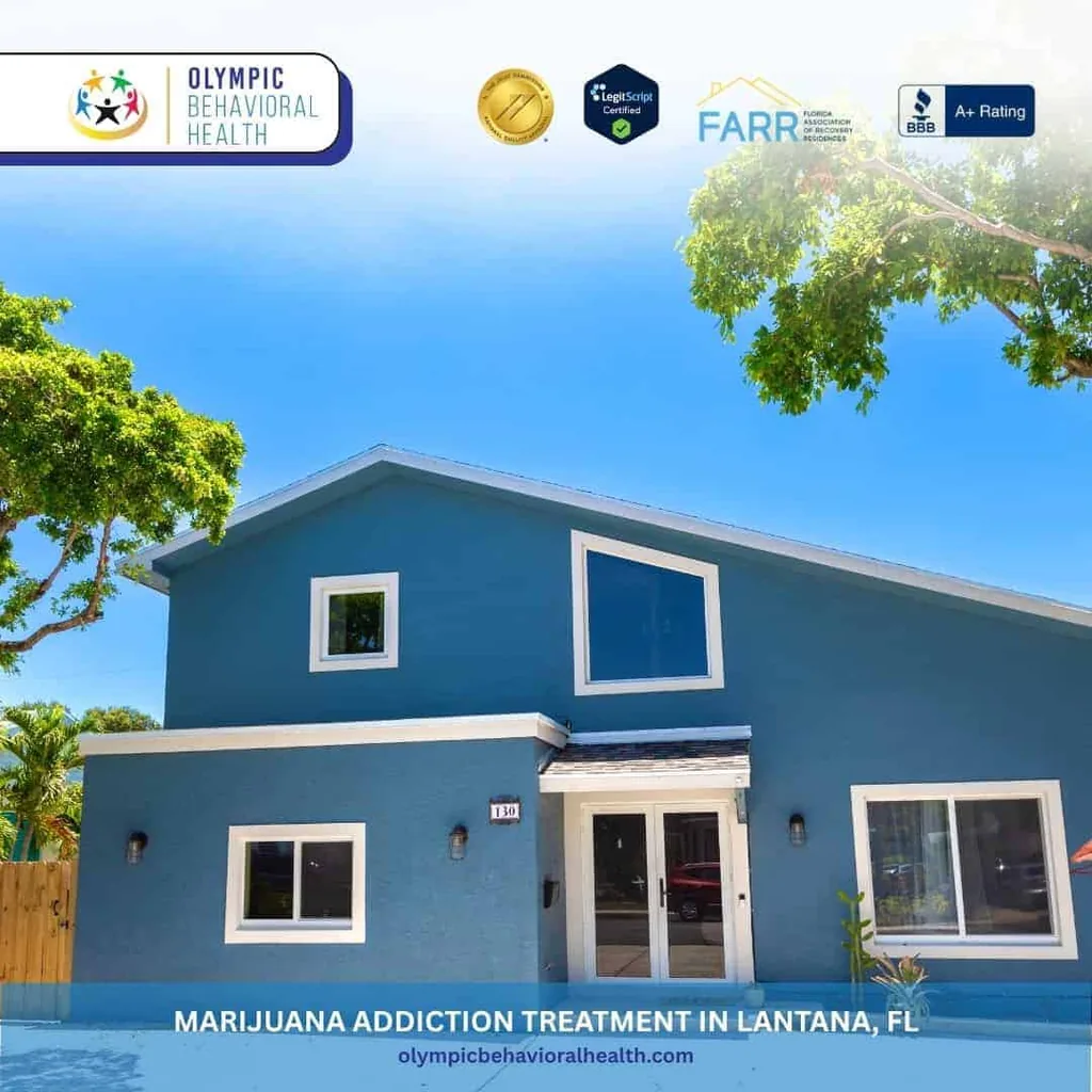 Blue two-story Olympic Behavioral Health building, captioned Marijuana Addiction Treatment in Lantana, FL
