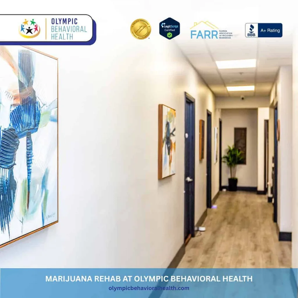 Treatment hallway with artwork and office doors, captioned Marijuana Rehab at Olympic Behavioral Health