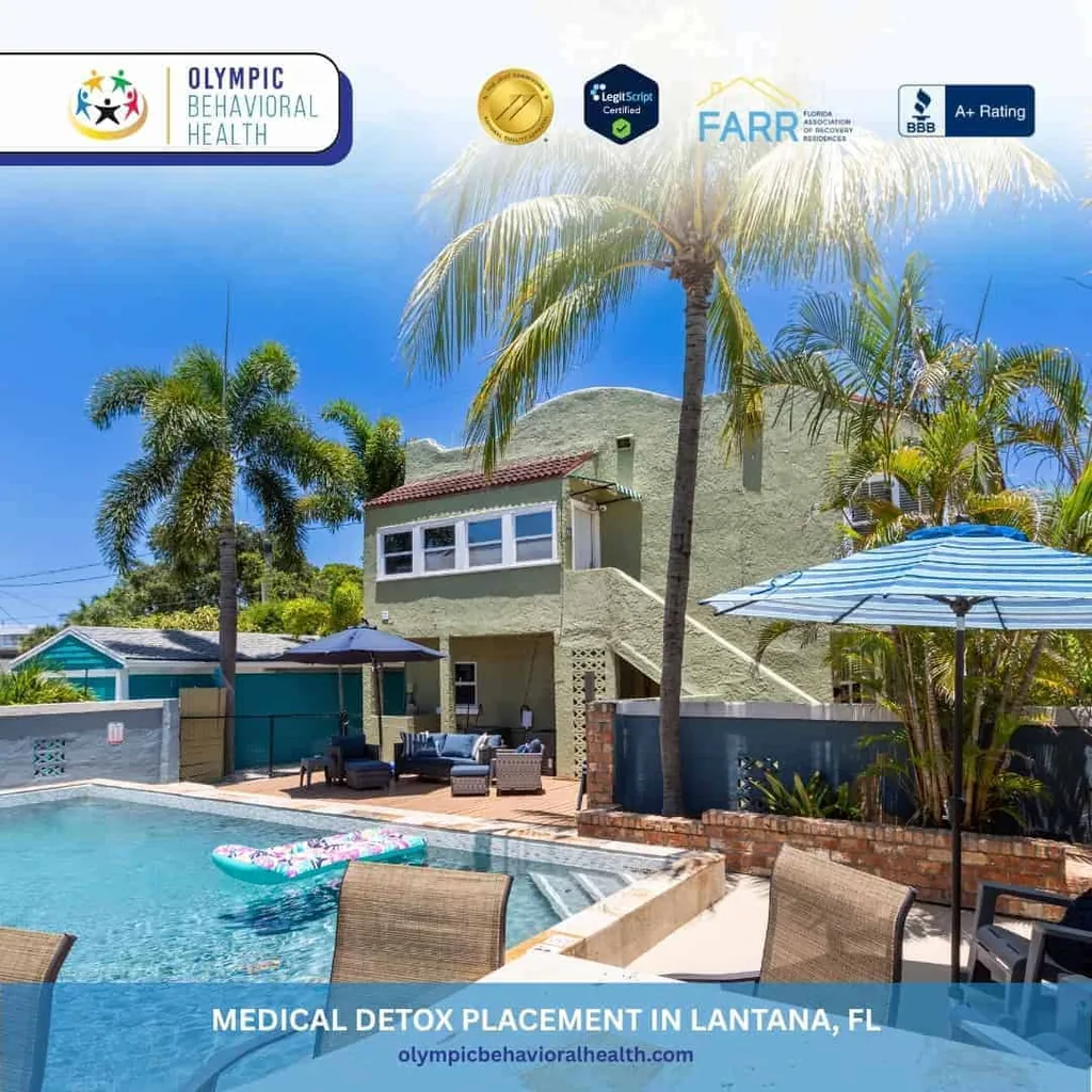 Pool, palms and patio at Olympic Behavioral Health, captioned Medical Detox Placement in Lantana, FL