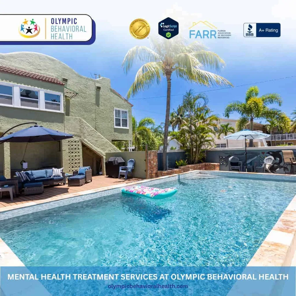 Swimming pool with palms and patio seating, captioned Mental Health Treatment Services at Olympic Behavioral Health