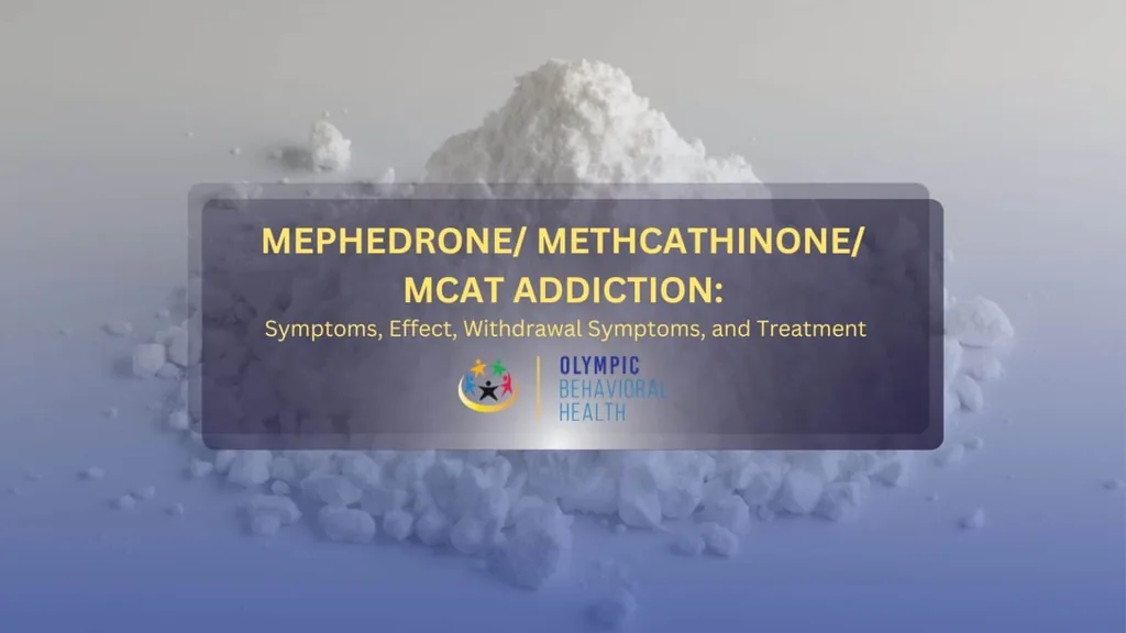 Mephedrone/Methcathinone/MCAT Addiction title graphic over a pile of white crystalline powder