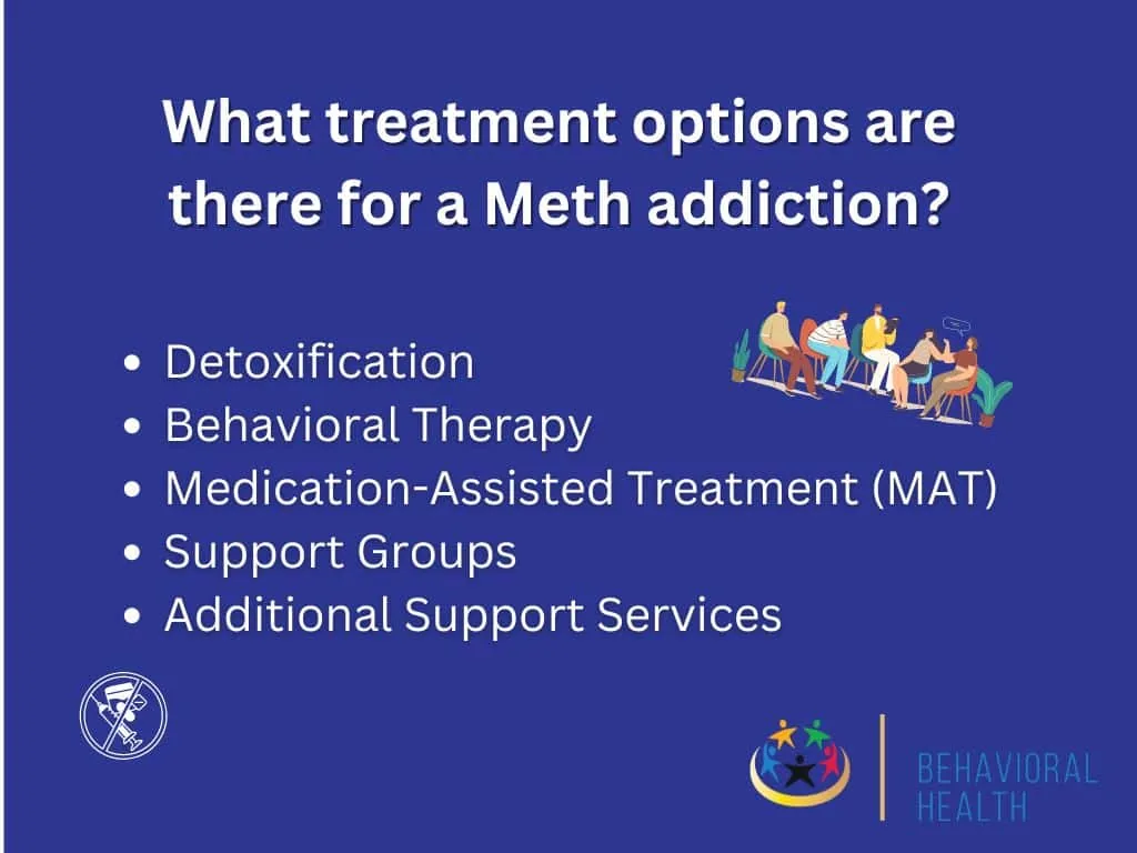 What treatment options are there for a Meth addiction? List: detox, behavioral therapy, MAT and support groups
