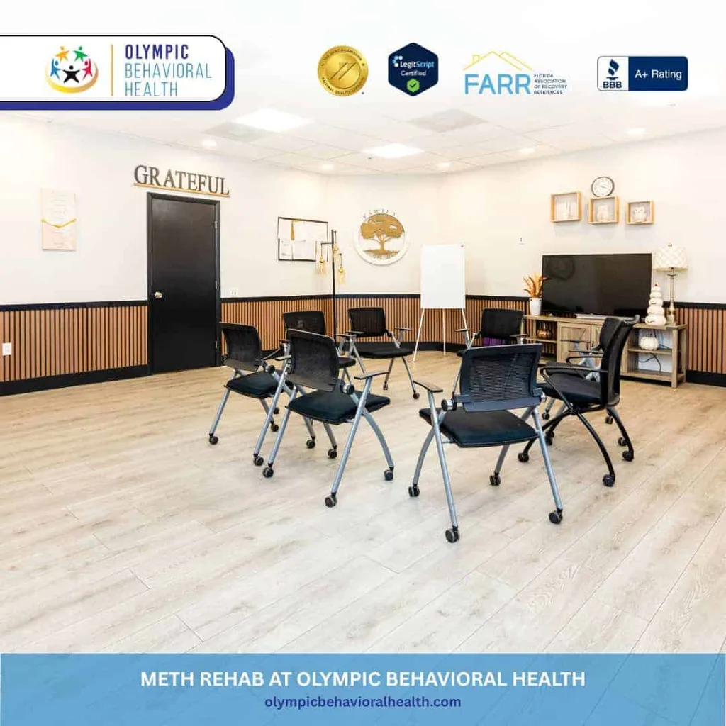 Group therapy room with chairs in a circle and a Grateful sign, captioned Meth Rehab at Olympic Behavioral Health