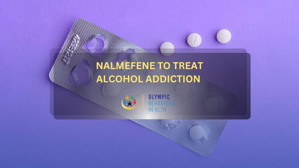 Title banner for Nalmefene to Treat Alcohol Addiction over a blister pack and white pills on a purple background