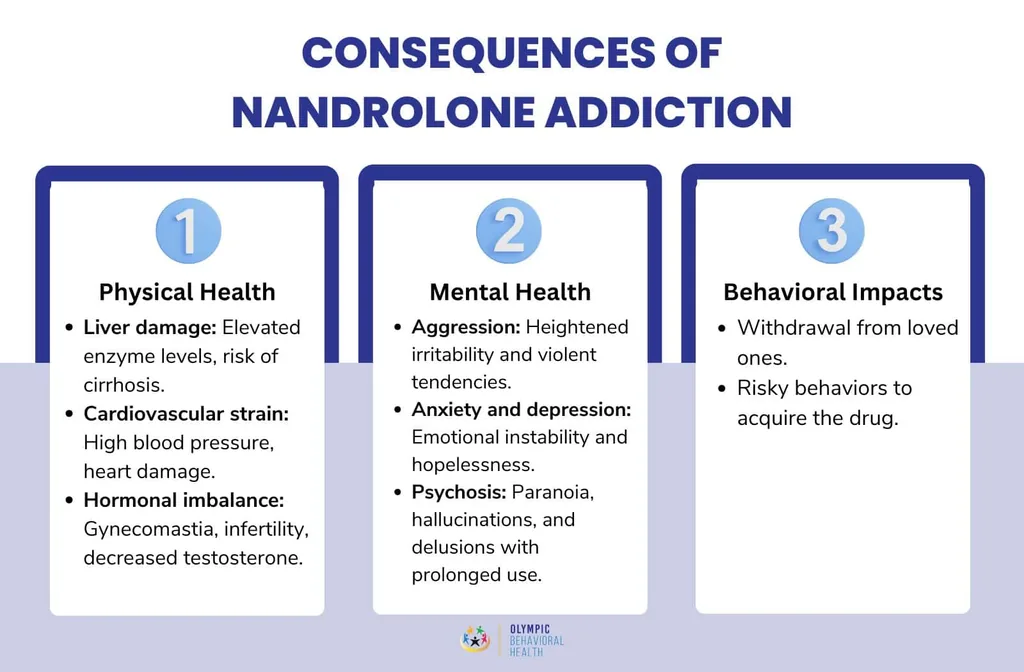 Consequences of nandrolone addiction infographic: physical health, mental health and behavioral impacts such as aggression