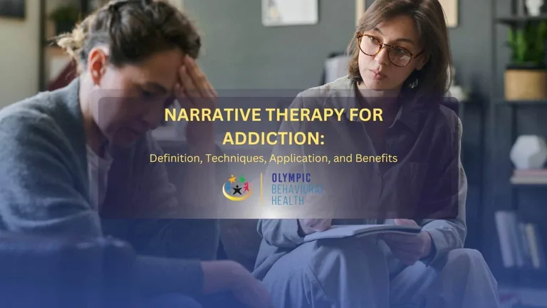 Narrative Therapy for Addiction: Definition, Techniques, Application, and Benefits title over a counseling session