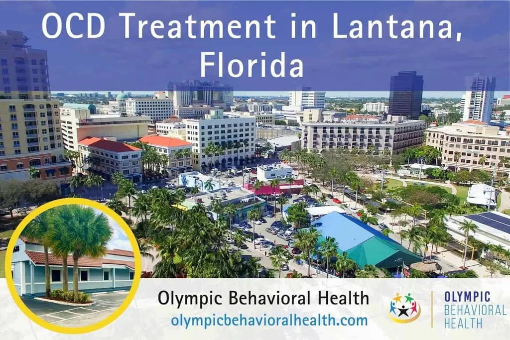 OCD Treatment in Lantana, Florida banner over an aerial view of a downtown with palms with facility inset