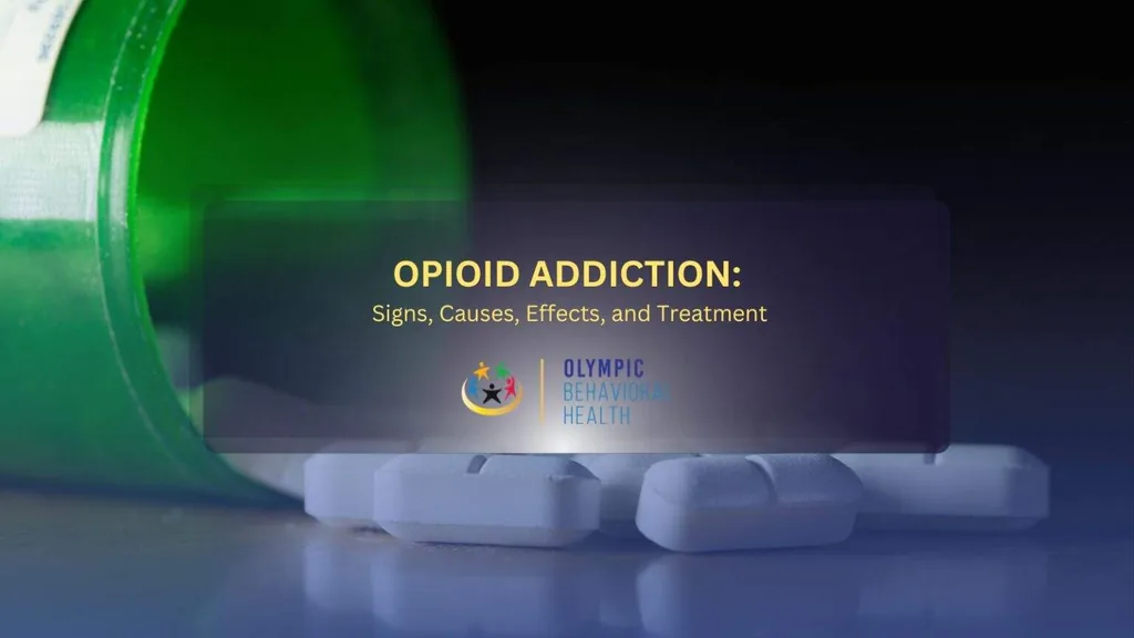Opioid Addiction: Signs, Causes, Effects, and Treatment title graphic over white pills spilling from a green bottle