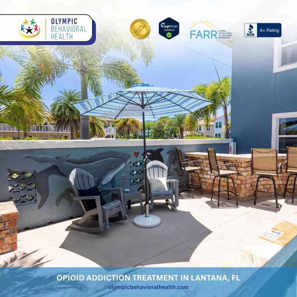 Patio with striped umbrella, rocking chairs and whale mural, captioned Opioid Addiction Treatment in Lantana, FL