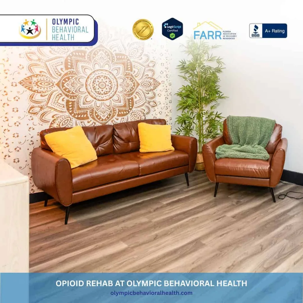 Therapy office with leather sofa and mandala tapestry, captioned Opioid Rehab at Olympic Behavioral Health
