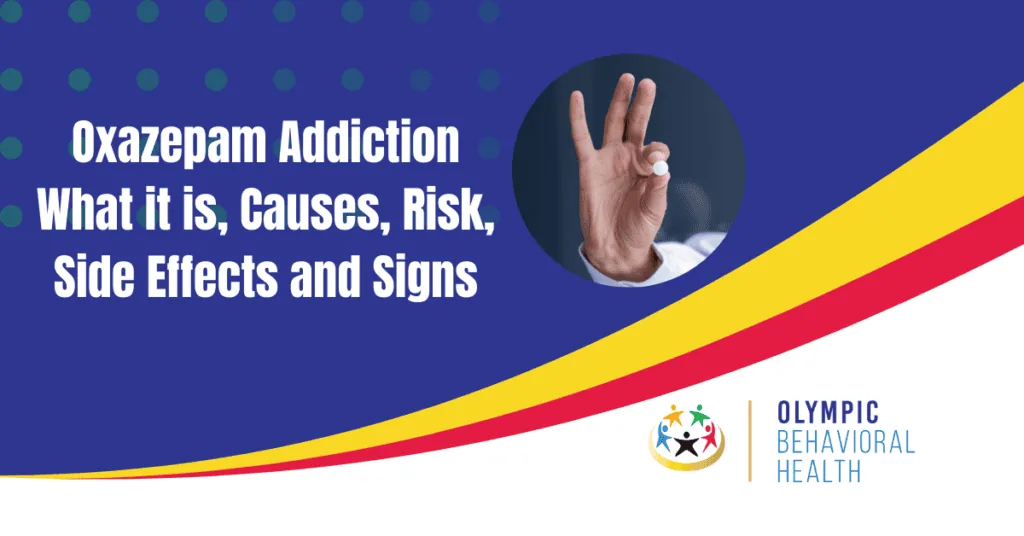 Featured image titled Oxazepam Addiction: What it is, Causes, Risk, Side Effects and Signs with a hand holding a pill