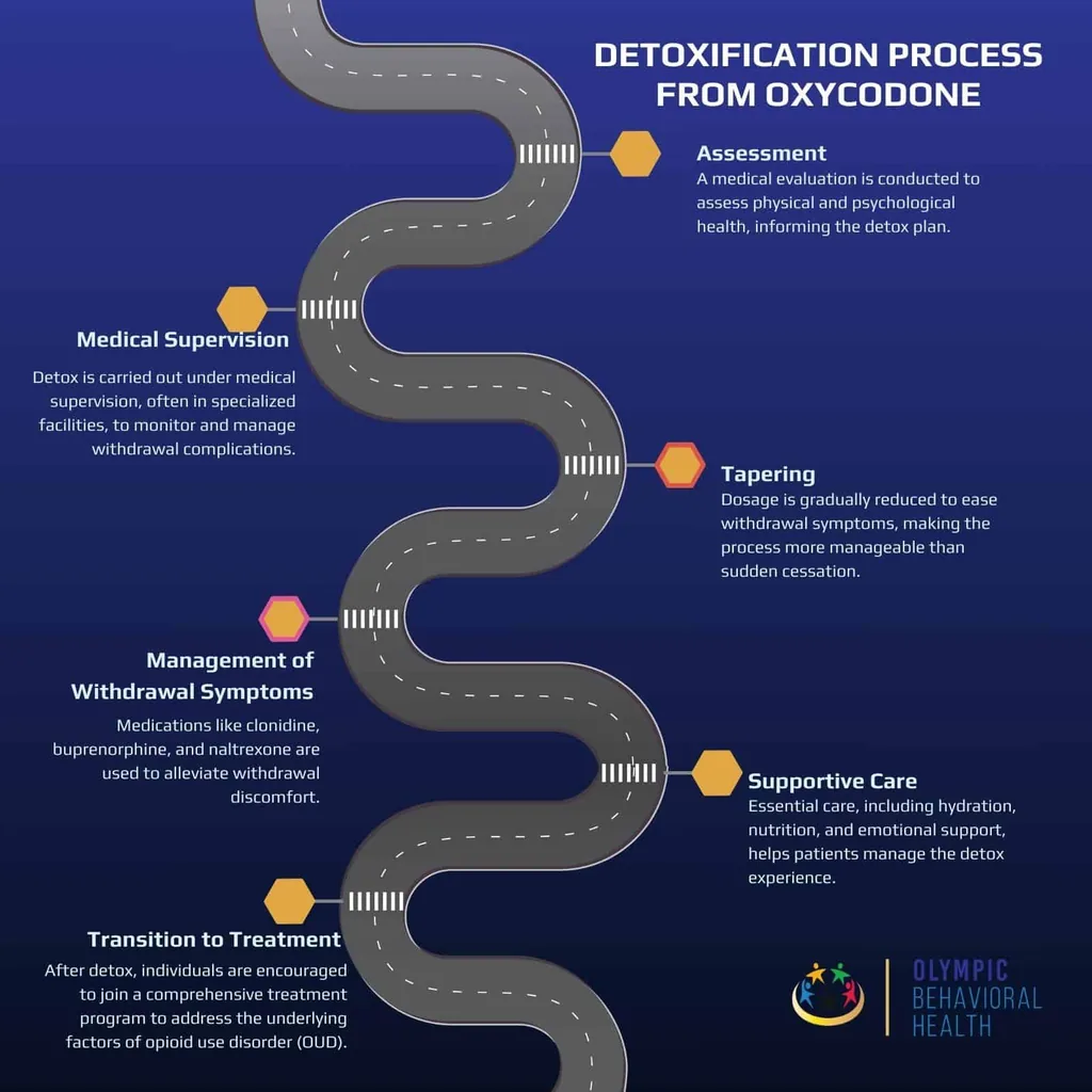 Winding road showing oxycodone detox steps: assessment, medical supervision, tapering, supportive care
