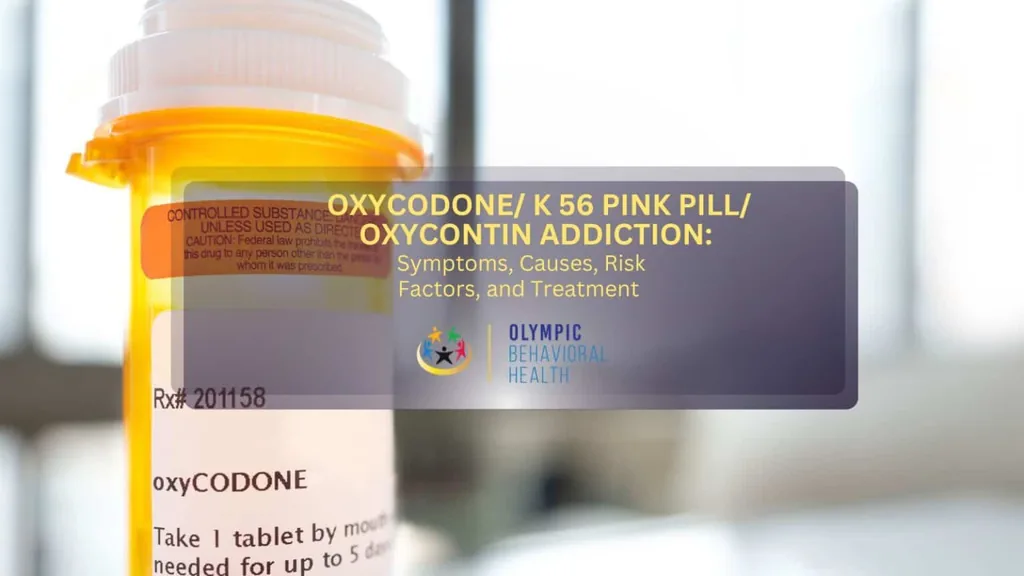Oxycodone prescription bottle with the title Oxycodone / K 56 Pink Pill / OxyContin Addiction: Symptoms, Causes, Risk Factors