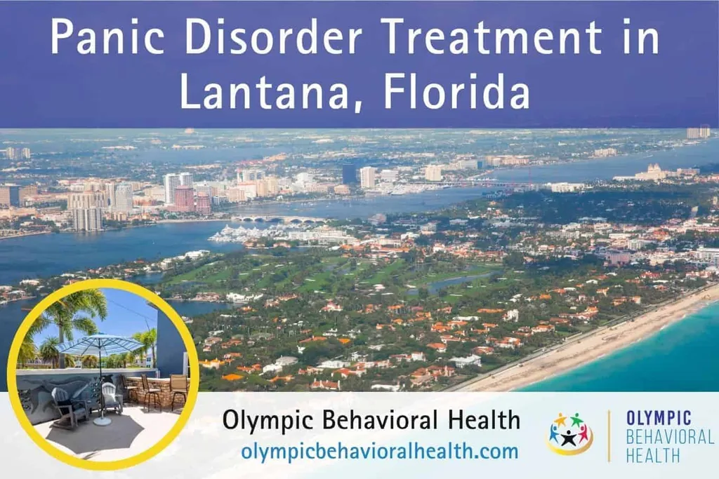 Panic Disorder Treatment in Lantana, Florida banner over an aerial view of the Palm Beach coast with facility inset