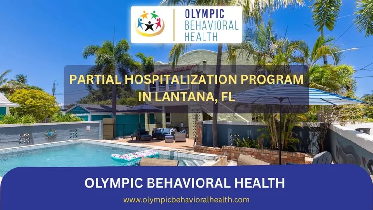 Partial Hospitalization Program in Lantana, FL banner from Olympic Behavioral Health over a pool lined with palm trees