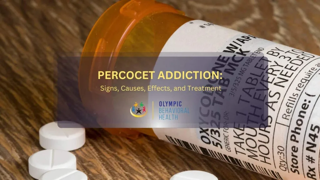 Percocet Addiction: Signs, Causes, Effects, and Treatment title over an oxycodone prescription bottle and tablets