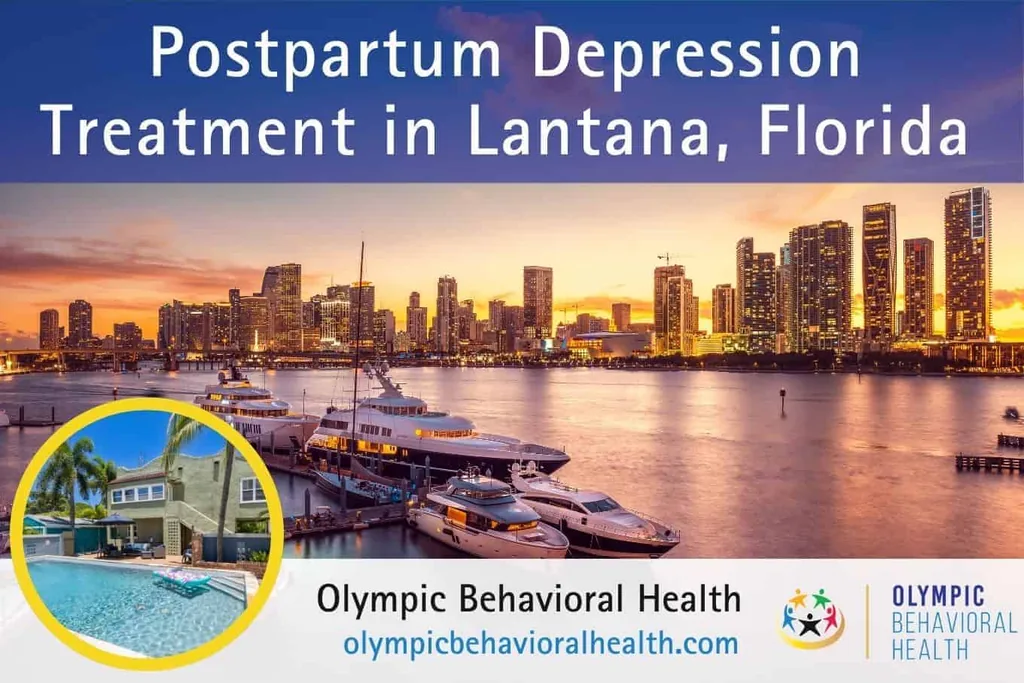 Postpartum Depression Treatment in Lantana, Florida banner over a marina skyline at sunset with facility inset