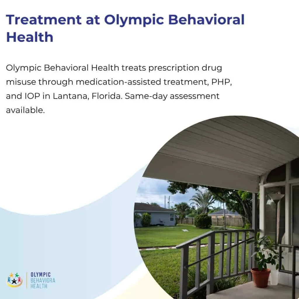 Treatment at Olympic Behavioral Health graphic: prescription drug misuse care with MAT, PHP and IOP in Lantana, Florida