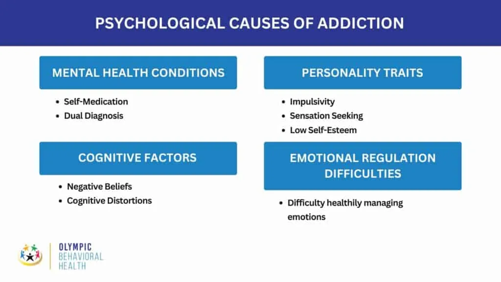 Psychological Causes of Addiction chart: mental health conditions, personality traits, cognitive factors and emotions