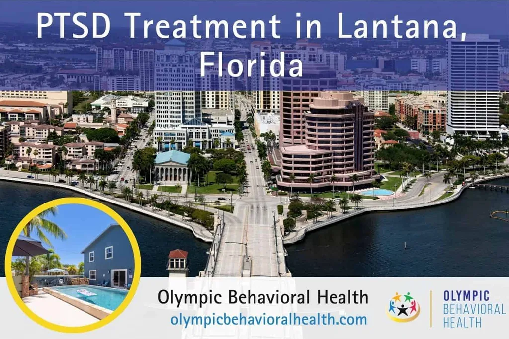 PTSD Treatment in Lantana, Florida banner over an aerial view of downtown West Palm Beach with facility inset