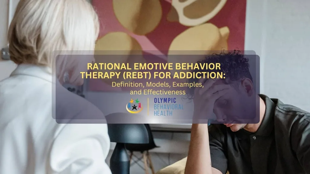 Distressed person holding their head in therapy, titled Rational Emotive Behavior Therapy (REBT) for Addiction