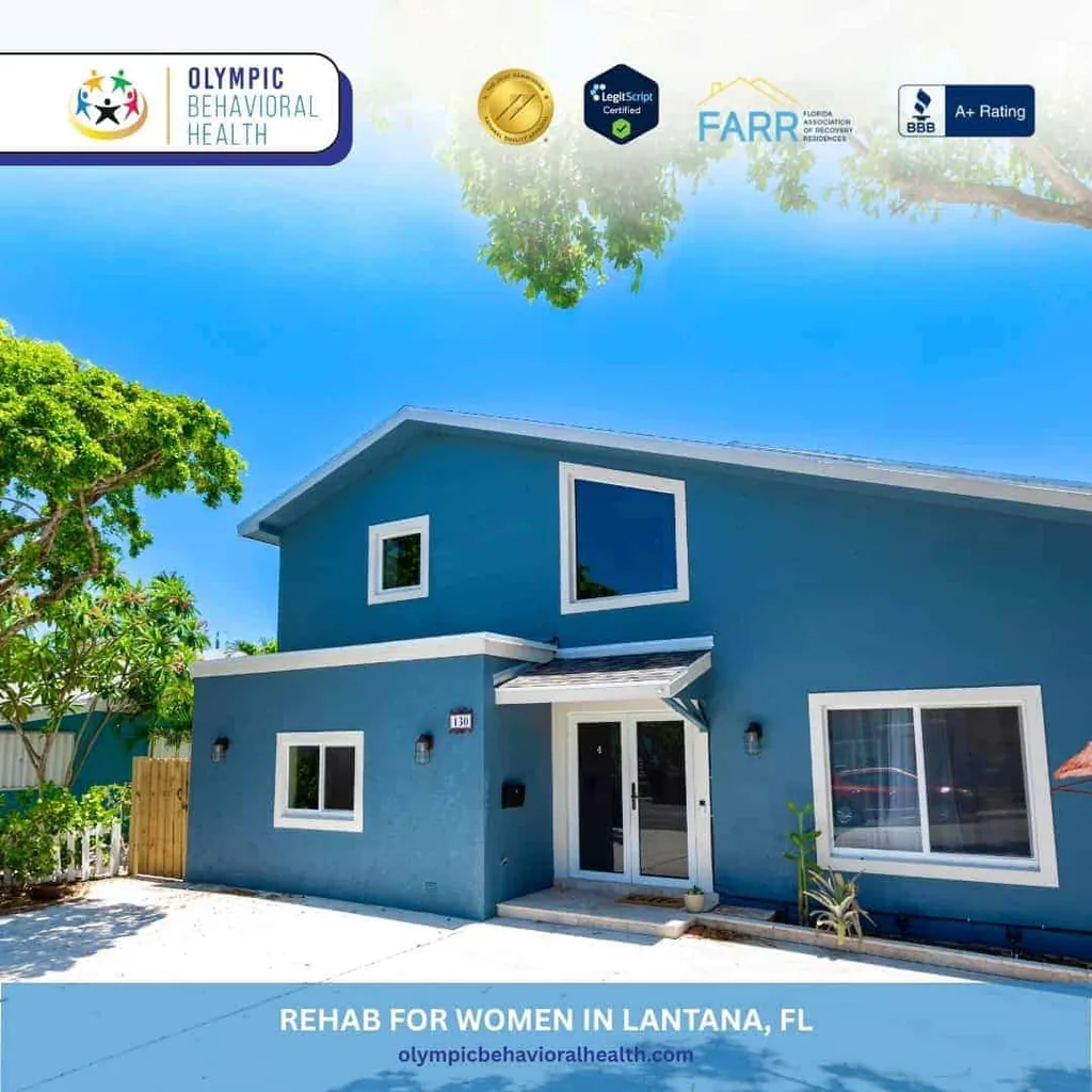 Blue two-story Olympic Behavioral Health building, captioned Rehab for Women in Lantana, FL
