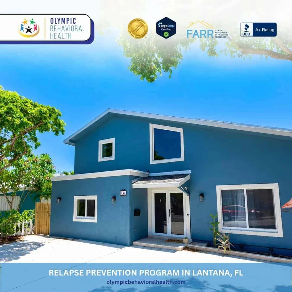 Blue two-story Olympic Behavioral Health building, captioned Relapse Prevention Program in Lantana, FL