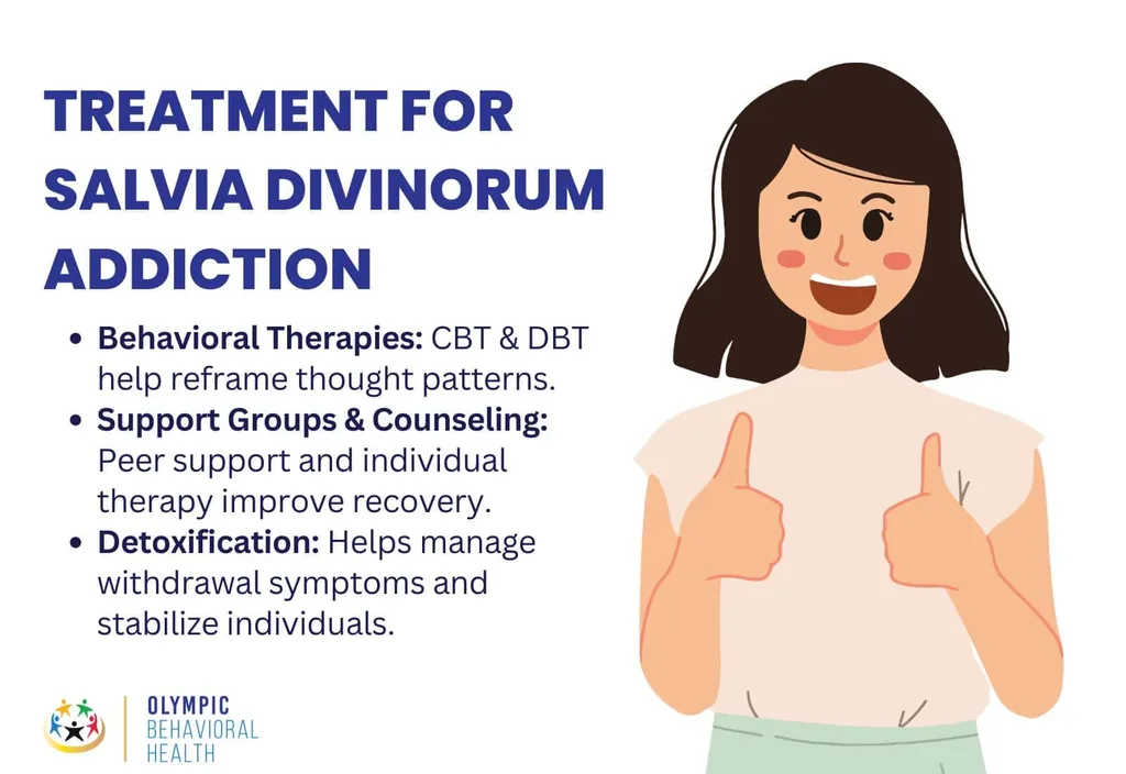 Treatment for salvia divinorum addiction: CBT and DBT, support groups and counseling, and detox, beside a smiling woman