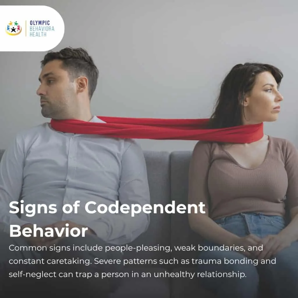 Signs of Codependent Behavior graphic: a couple bound by a red scarf, citing people-pleasing and weak boundaries
