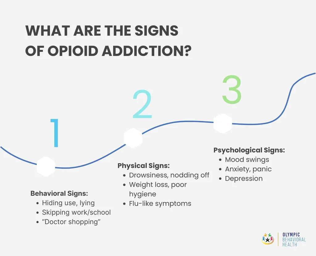 Signs of opioid addiction chart: behavioral signs like doctor shopping, physical signs like drowsiness, and mood changes