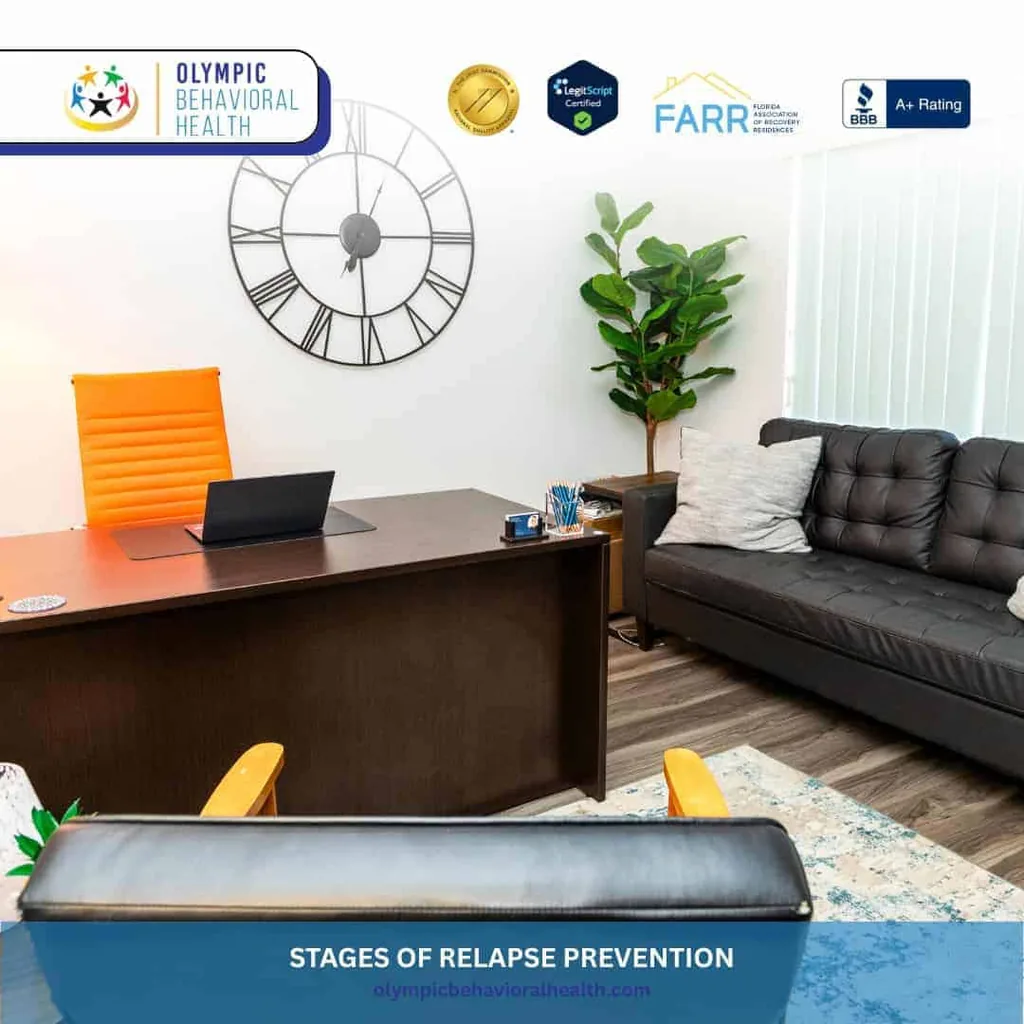 Clinical office with wall clock, orange chair and leather sofa, captioned Stages of Relapse Prevention