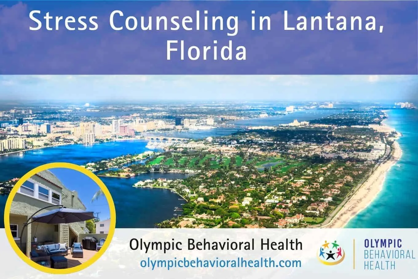 Stress Counseling in Lantana, Florida banner over an aerial view of the Palm Beach coast with facility inset