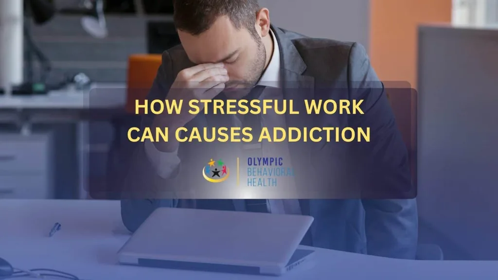 How Stressful Work Can Cause Addiction featured banner over a stressed man at his desk pinching his nose