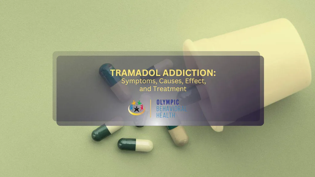 Capsules spilling from a pill bottle on green with the title Tramadol Addiction: Symptoms, Causes, Effect, and Treatment