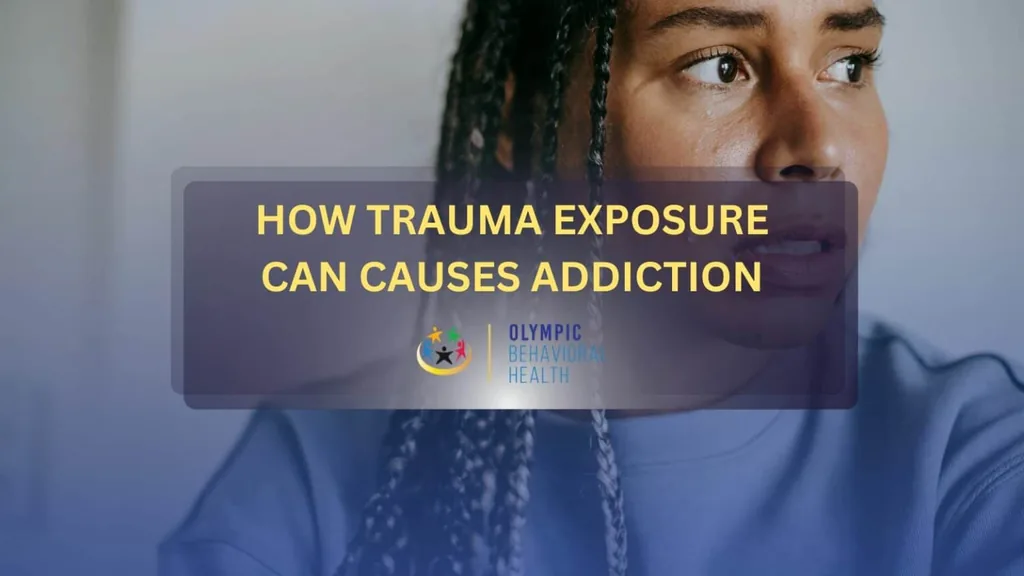 How Trauma Exposure Can Cause Addiction featured banner over a woman with a worried expression