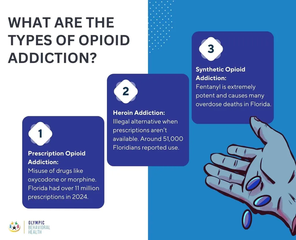 Types of opioid addiction graphic: prescription opioid misuse, heroin addiction, and synthetic opioids such as fentanyl