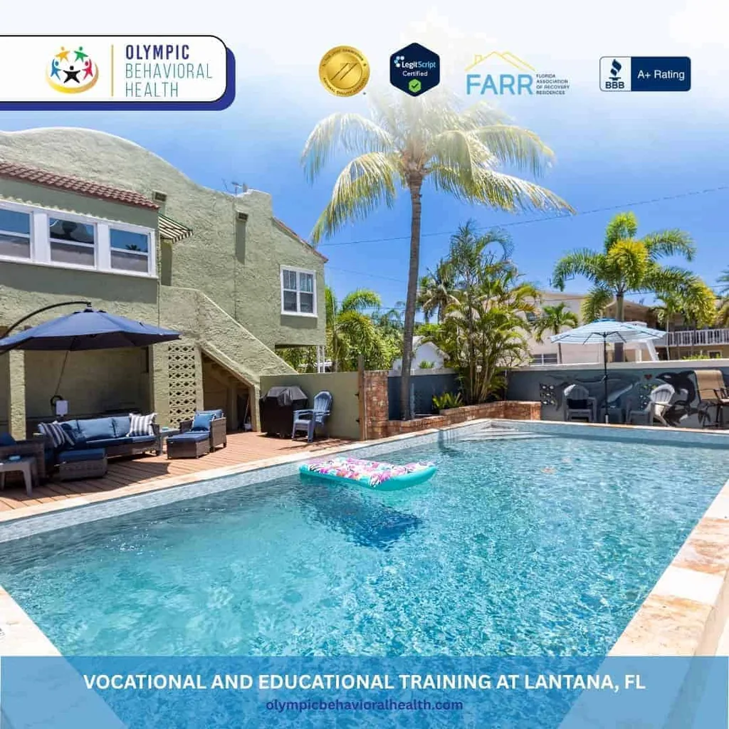 Pool, palms and patio at Olympic Behavioral Health, captioned Vocational and Educational Training at Lantana, FL